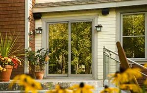 Exterior view of sliding patio door with plants and greenery surrounding