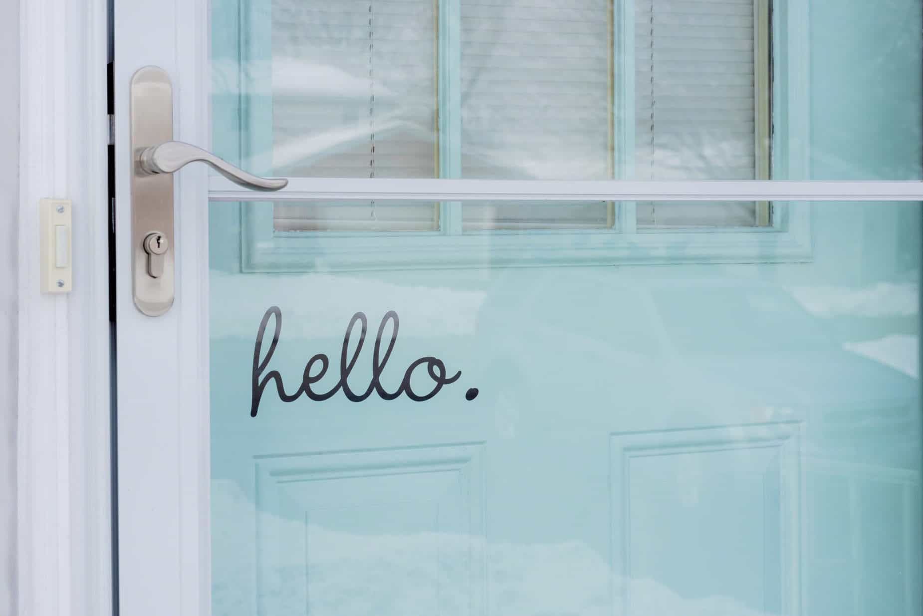 front storm door with hello