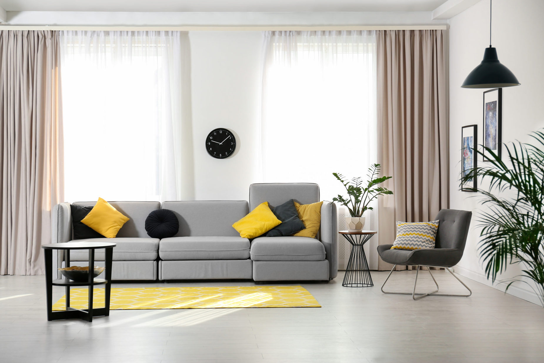 Stylish living room interior with comfortable sofa