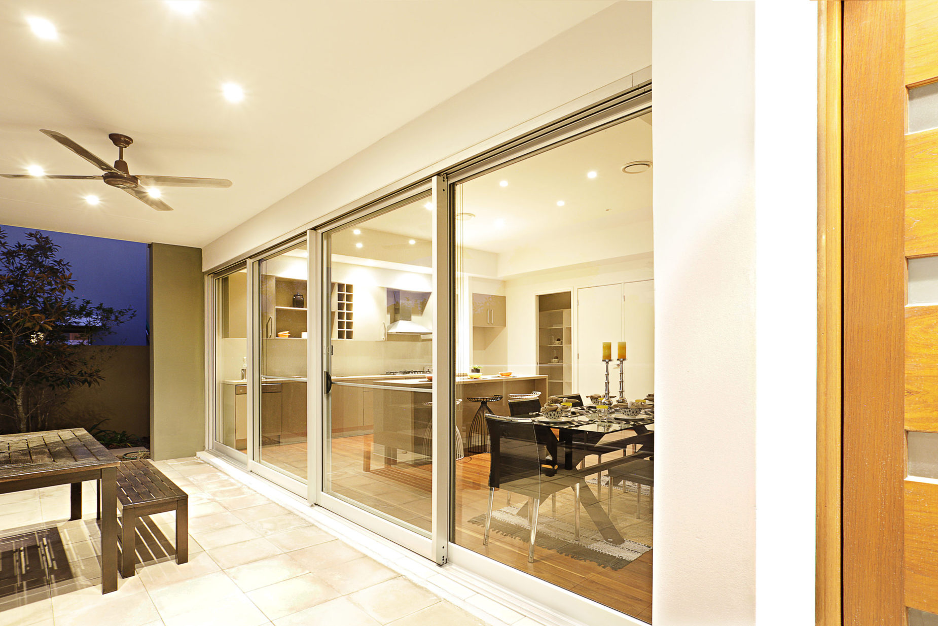 Entrance,Of,Modern,Apartment,With,Glass,Doors,And,Furniture,,Night