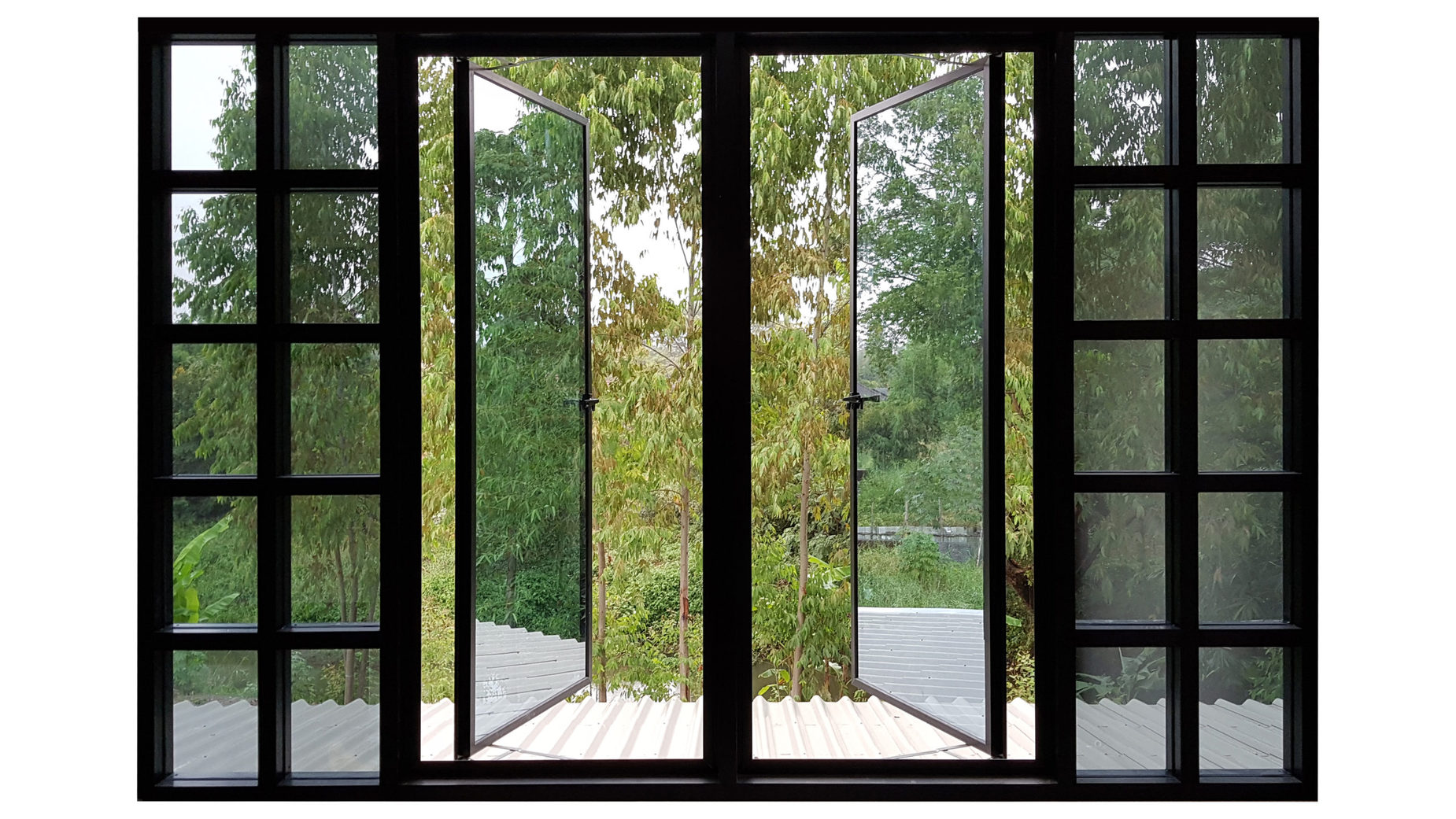 Large,Windows,Black,Aluminum,Swing,Doors,Nature,View