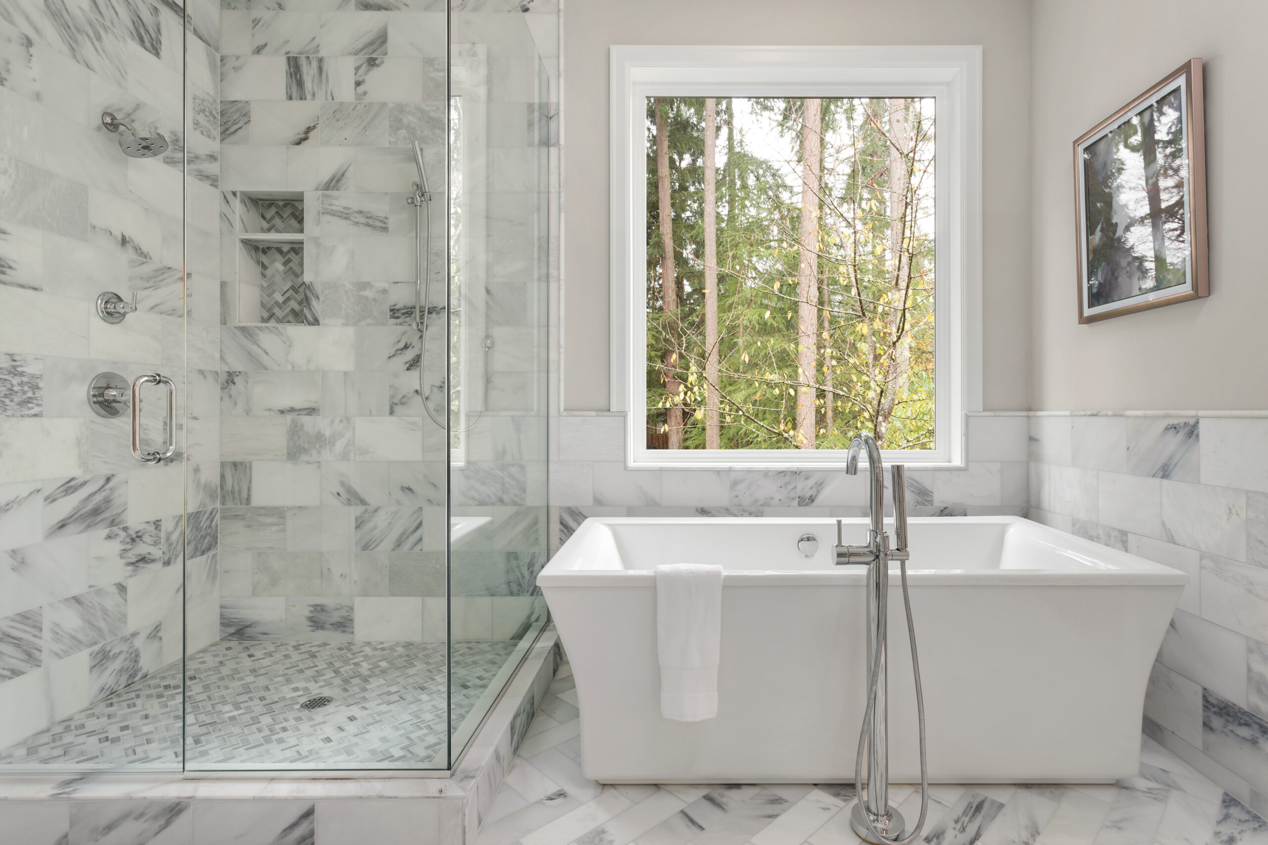 Marble tile shower bathroom with new window replacement in muskego by tightseal